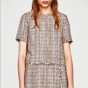 Zara Trafaluc Metallic Rainbow Tweed Wool Blend Frayed Boxy Fit Top